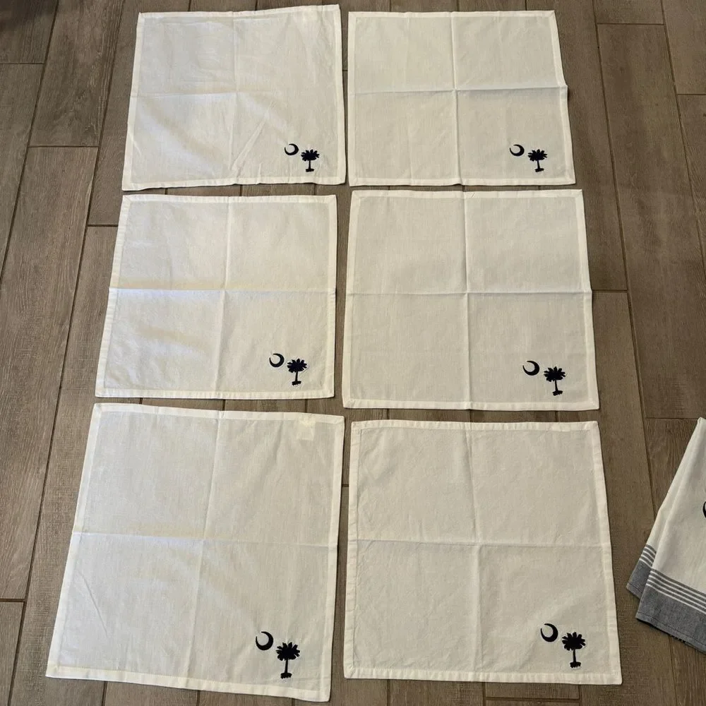 Dunroven House South Carolina Palm & Moon 6 Embroidered Napkins + Tea Towel